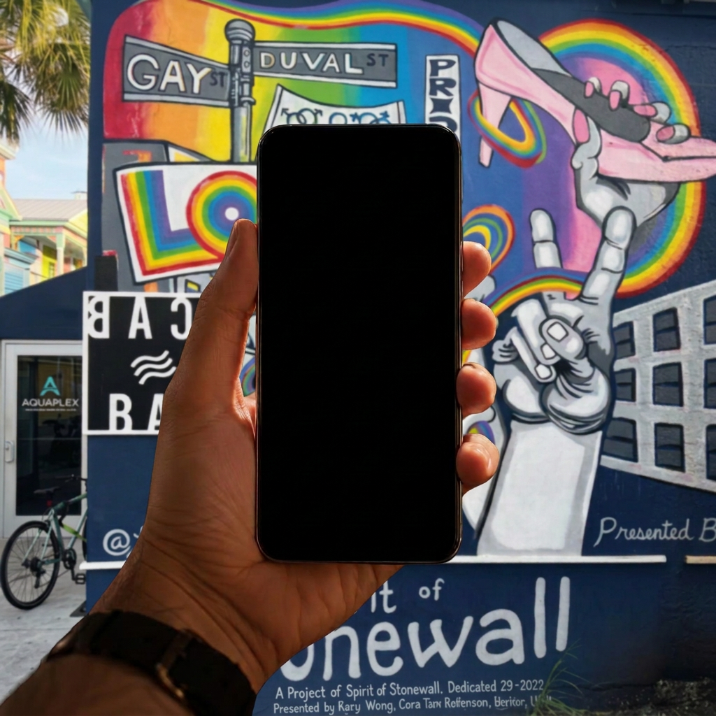 A hand holds a phone up to the Spirit of Stonewall mural in Key West; the mural's animation is playing live on the phone screen.